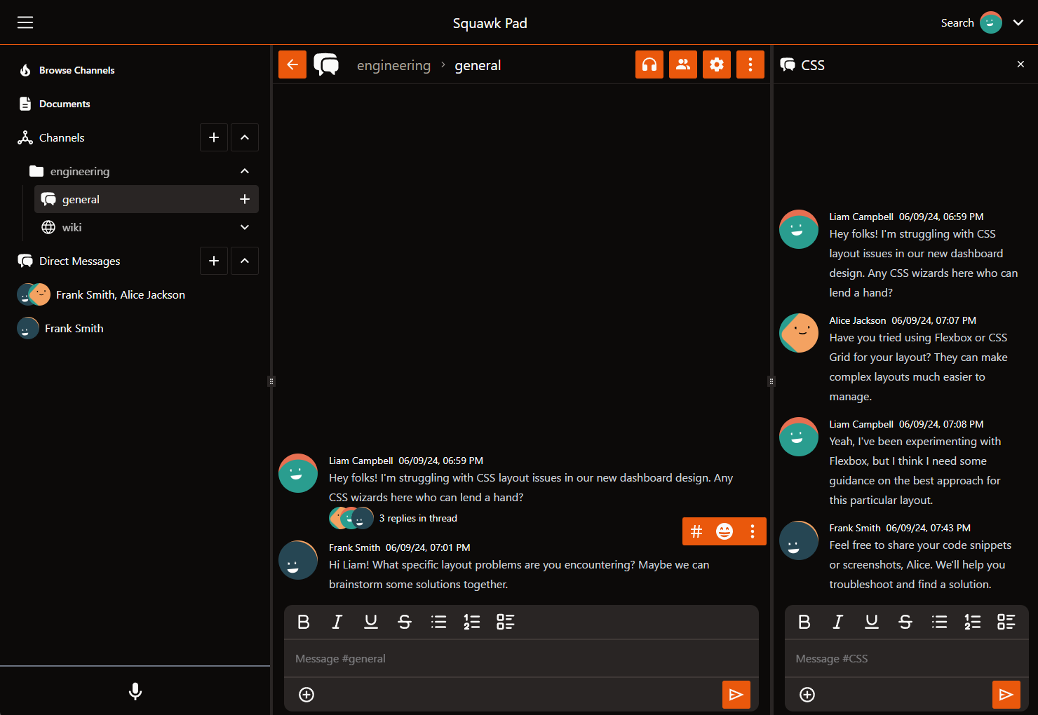 Screenshot of squawkpad mesasging page