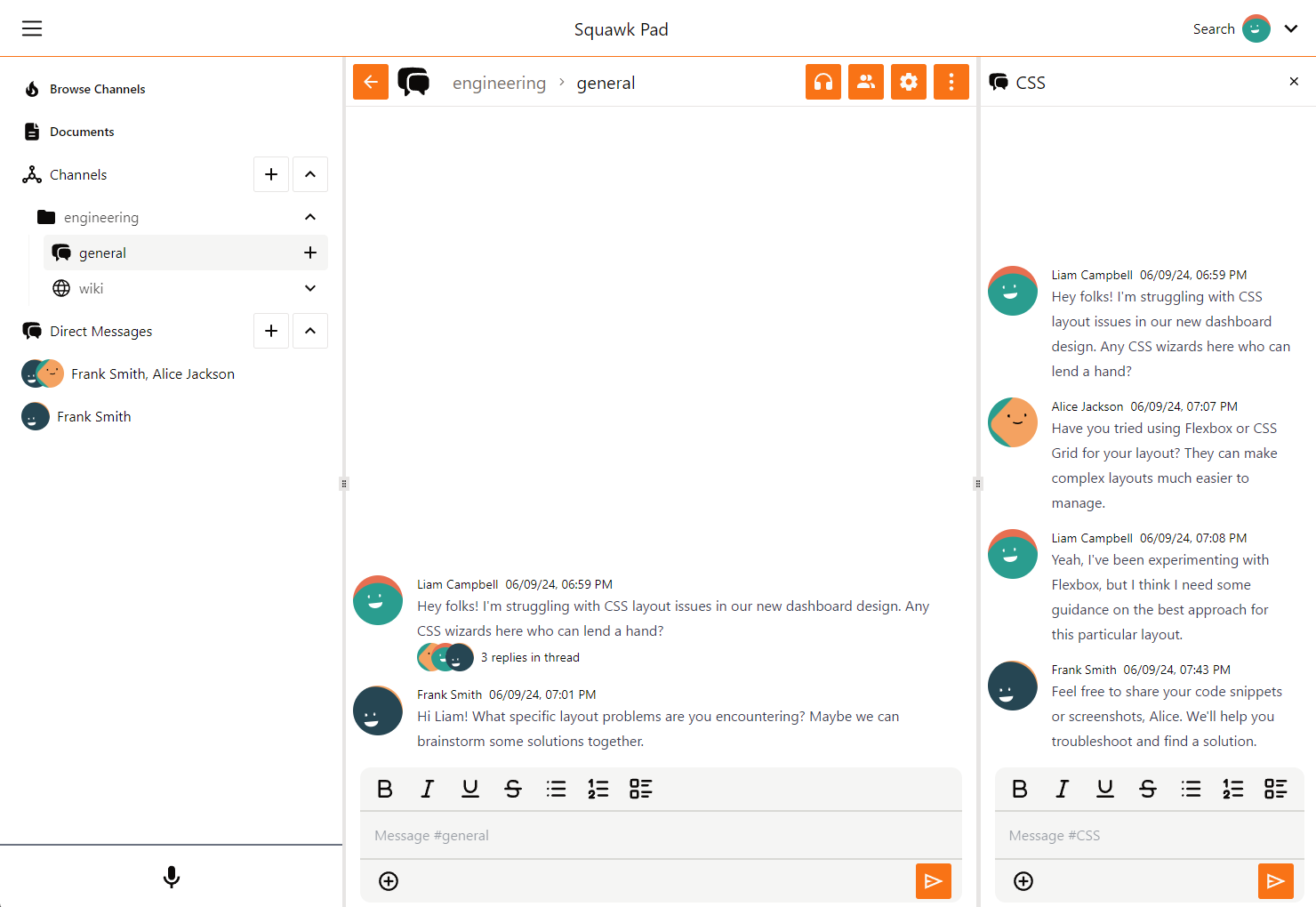 Screenshot of squawkpad mesasging page